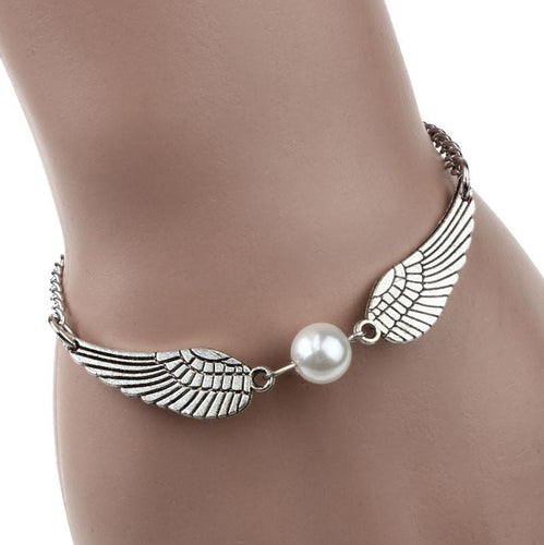 Silver Retro Pearl Angel Wings Bracelet