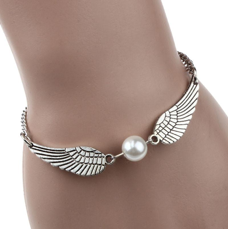 Silver Retro Pearl Angel Wings Bracelet