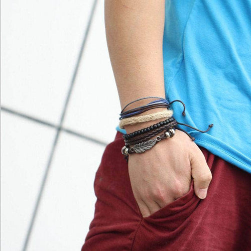 Multilayer Braided Leather Stainless Steel Cuff Bracelet